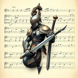 A musical note designed as the body of an elite warrior or soldier, featuring intricate details like armor plating, tactical gear, and weapons beautifully integrated into the shape of the note