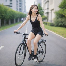 A beautiful woman with a Japanese face, practicing cycling, her normal body dressed in form-fitting attire, caught in a pedal motion, viewed from the rear, full body shot.