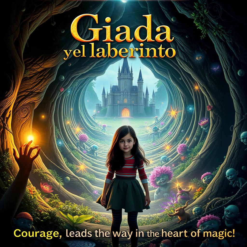 A captivating movie poster for a fantasy adventure film titled 'Giada y el laberinto'