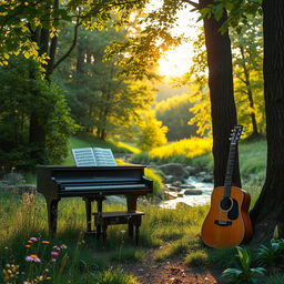 A serene and tranquil music scene set in a lush forest clearing during golden hour, with soft sunlight filtering through the leaves