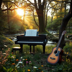 A serene and tranquil music scene set in a lush forest clearing during golden hour, with soft sunlight filtering through the leaves