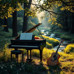 A serene and tranquil music scene set in a lush forest clearing during golden hour, with soft sunlight filtering through the leaves