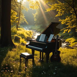 A serene and tranquil music scene set in a lush forest clearing during golden hour, with soft sunlight filtering through the leaves