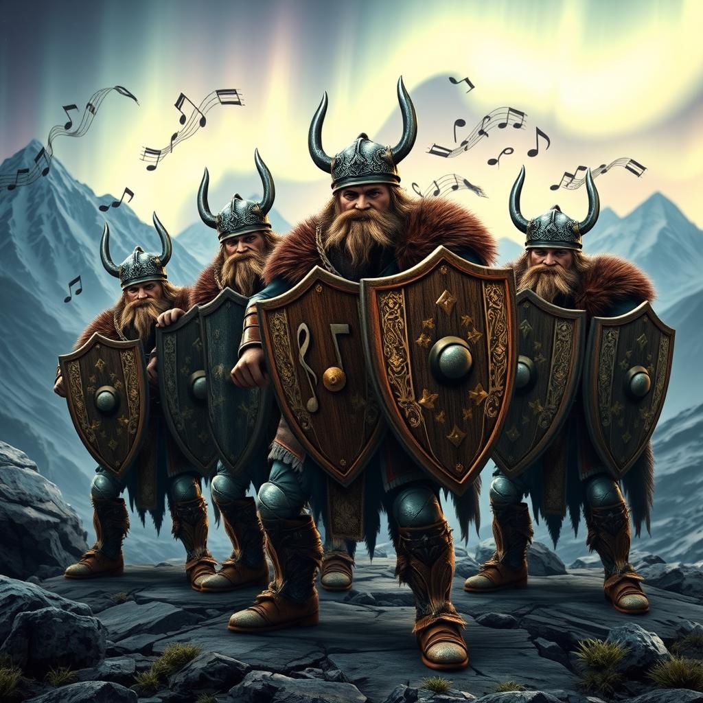 A creative and imaginative scene depicting musical notes designed as Nordic warriors, each warrior holding a shield that features different musical notes representing various chords