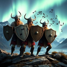 A creative and imaginative scene depicting musical notes designed as Nordic warriors, each warrior holding a shield that features different musical notes representing various chords