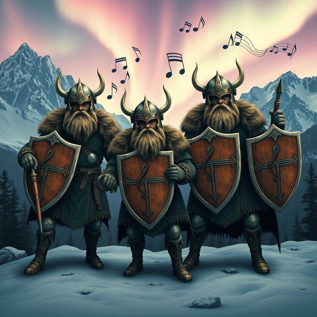 A creative and imaginative scene depicting musical notes designed as Nordic warriors, each warrior holding a shield that features different musical notes representing various chords