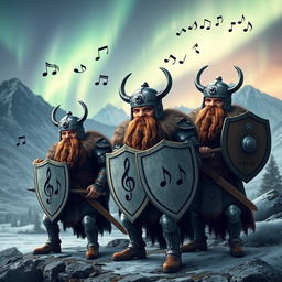 A creative and imaginative scene depicting musical notes designed as Nordic warriors, each warrior holding a shield that features different musical notes representing various chords