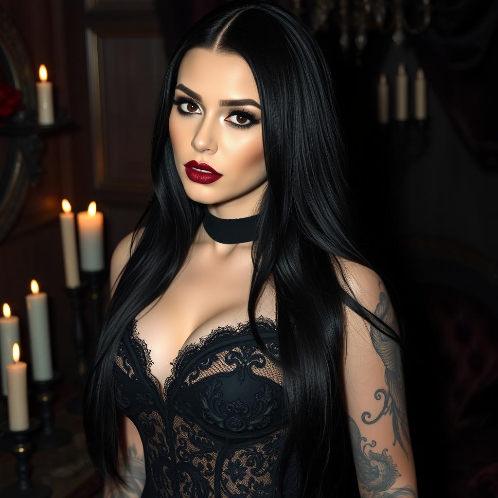 A stunningly sexy gothic woman with striking features, showcasing long black hair with a glossy sheen