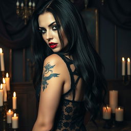 A stunningly sexy gothic woman with striking features, showcasing long black hair with a glossy sheen