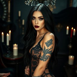 A stunningly sexy gothic woman with striking features, showcasing long black hair with a glossy sheen