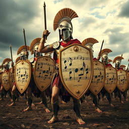 Human-shaped musical notes with the body of a Spartan warrior