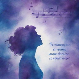 Design titled 'Embracing My Inner Voice' with a watercolor texture in blues and purples having musical notes. Central image: silhouette of a singer, filled with a galaxy pattern, in a spotlight. Surround quote: 'Music is my escape, my solace, my passion'. Border of music symbols, a quote from beloved artist, introversion icon.