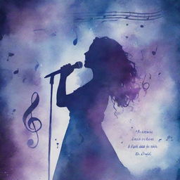 Design titled 'Embracing My Inner Voice' with a watercolor texture in blues and purples having musical notes. Central image: silhouette of a singer, filled with a galaxy pattern, in a spotlight. Surround quote: 'Music is my escape, my solace, my passion'. Border of music symbols, a quote from beloved artist, introversion icon.