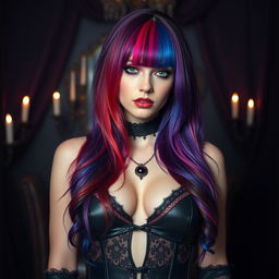 A sexy gothic woman with a stunning and vibrant multicolor look, featuring her long hair dyed in a blend of deep purples, vivid reds, and electric blues