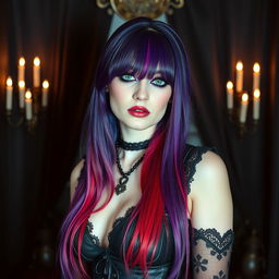 A sexy gothic woman with a stunning and vibrant multicolor look, featuring her long hair dyed in a blend of deep purples, vivid reds, and electric blues