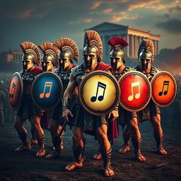 A series of humanoid figures designed as Spartan warriors, each one uniquely shaped to represent different musical notes