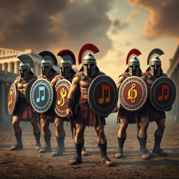 A series of humanoid figures designed as Spartan warriors, each one uniquely shaped to represent different musical notes