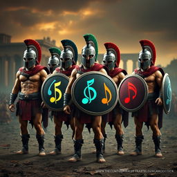 A series of humanoid figures designed as Spartan warriors, each one uniquely shaped to represent different musical notes