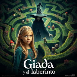 Cinematic movie poster for 'Giada y el laberinto', featuring a blonde Italian girl portrayed as an environmentalist from the year 2020