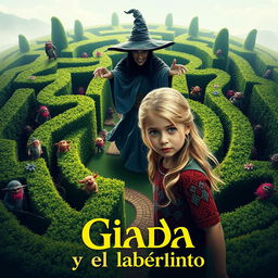 Cinematic movie poster for 'Giada y el laberinto', featuring a blonde Italian girl portrayed as an environmentalist from the year 2020