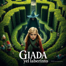 Cinematic movie poster for 'Giada y el laberinto', featuring a blonde Italian girl portrayed as an environmentalist from the year 2020