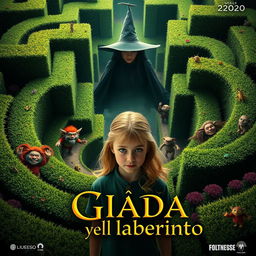 Cinematic movie poster for 'Giada y el laberinto', featuring a blonde Italian girl portrayed as an environmentalist from the year 2020