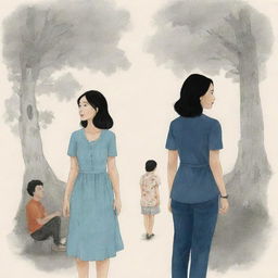 An evocative illustration representing the themes and characters from the book 'Everything I Never Told You' by Celeste Ng. Show a complex family dynamic, hints of unvoiced conversations, and longing.