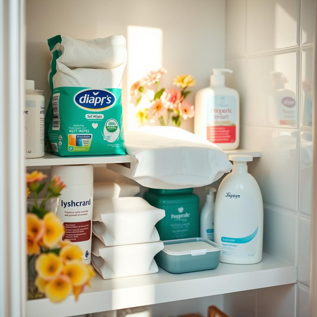 A tidy and well-stocked bathroom shelf dedicated to daily hygiene care for elderly individuals, featuring essential items like adult diapers, soft wet wipes, gentle soap bars, moisturizing creams, and other hygiene products