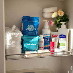 A tidy and well-stocked bathroom shelf dedicated to daily hygiene care for elderly individuals, featuring essential items like adult diapers, soft wet wipes, gentle soap bars, moisturizing creams, and other hygiene products