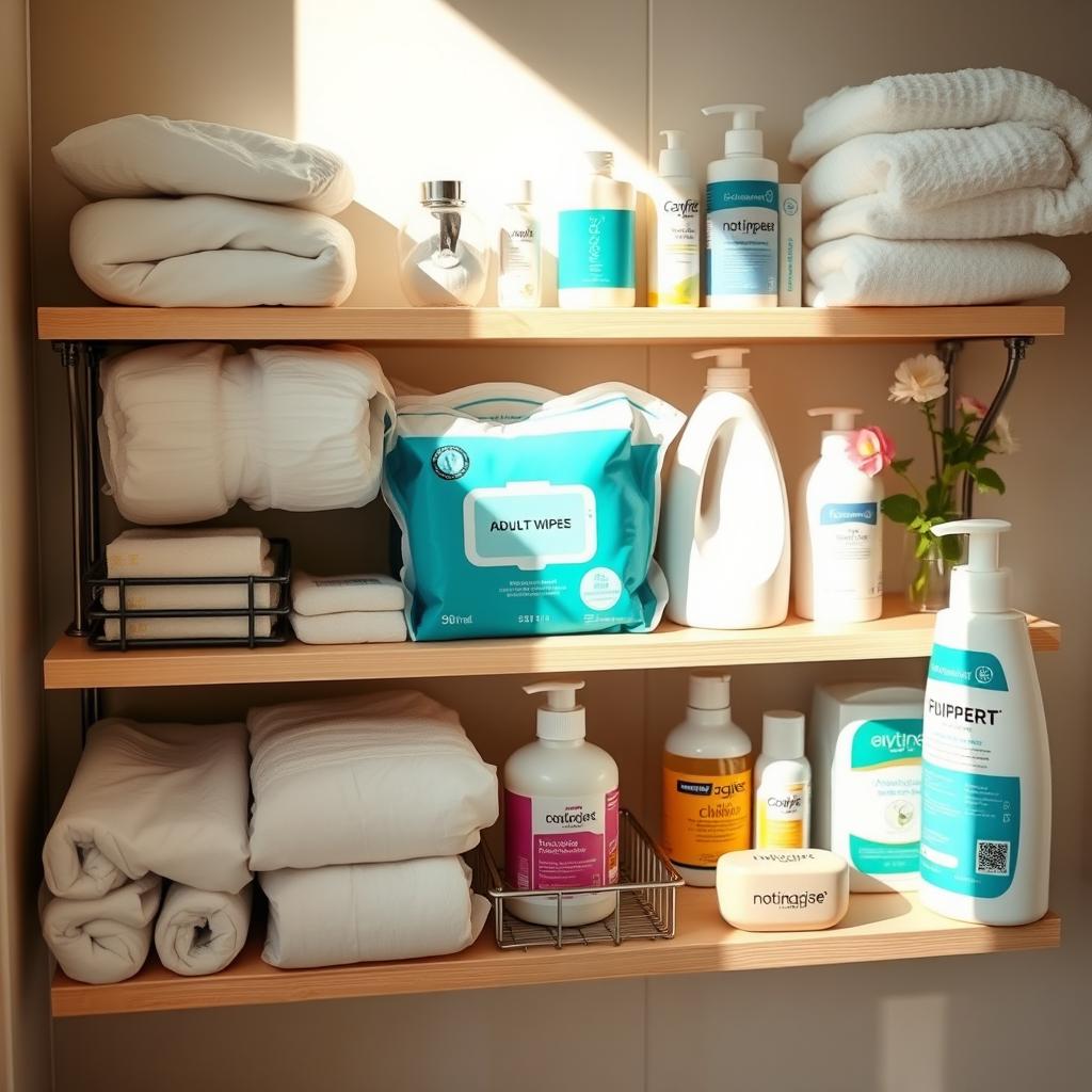 A tidy and well-stocked bathroom shelf dedicated to daily hygiene care for elderly individuals, featuring essential items like adult diapers, soft wet wipes, gentle soap bars, moisturizing creams, and other hygiene products