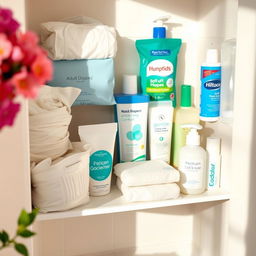 A tidy and well-stocked bathroom shelf dedicated to daily hygiene care for elderly individuals, featuring essential items like adult diapers, soft wet wipes, gentle soap bars, moisturizing creams, and other hygiene products