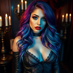 A sexy gothic woman with a striking multicolor look, featuring vibrant hair in shades of purple, blue, and red that cascade down her shoulders in loose waves