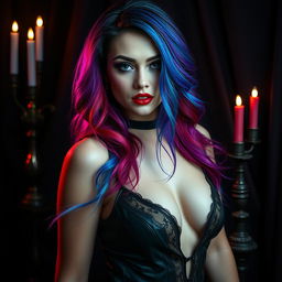 A sexy gothic woman with a striking multicolor look, featuring vibrant hair in shades of purple, blue, and red that cascade down her shoulders in loose waves