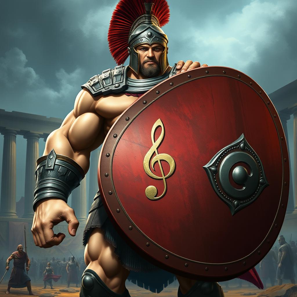 A colossal Spartan warrior with an incredibly muscular physique, showcasing toned arms, chest, and legs that emphasize strength and power