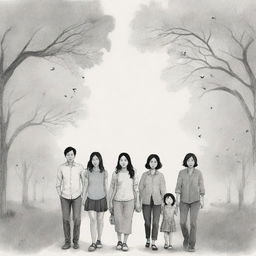 An evocative illustration representing the themes and characters from the book 'Everything I Never Told You' by Celeste Ng. Show a complex family dynamic, hints of unvoiced conversations, and longing.