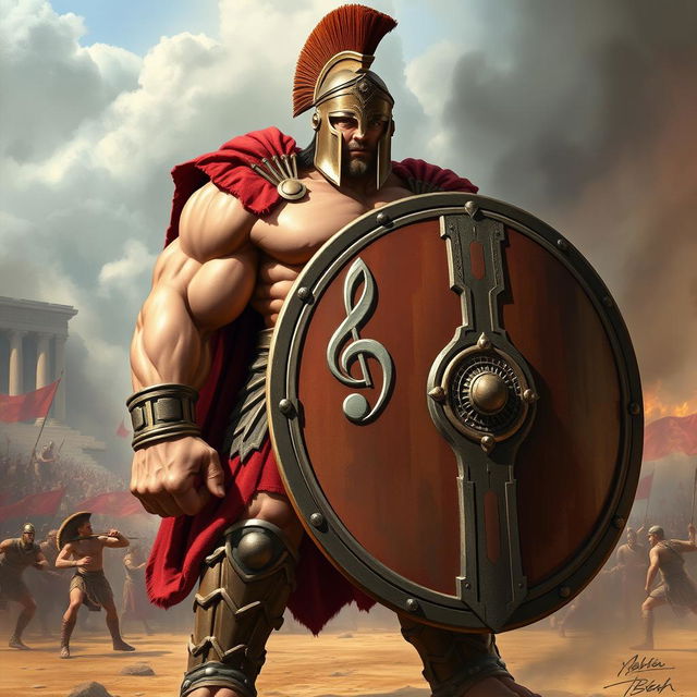 A colossal Spartan warrior with an incredibly muscular physique, showcasing toned arms, chest, and legs that emphasize strength and power