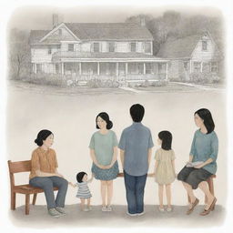 An evocative illustration representing the themes and characters from the book 'Everything I Never Told You' by Celeste Ng. Show a complex family dynamic, hints of unvoiced conversations, and longing.