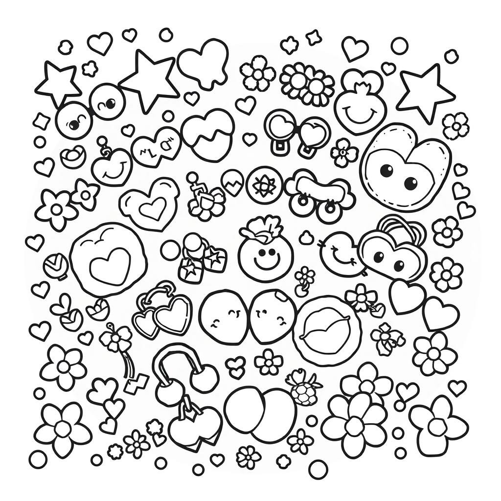 A kawaii-style coloring page featuring an assortment of adorable earrings, including cute studs, dangle earrings, and character-themed designs