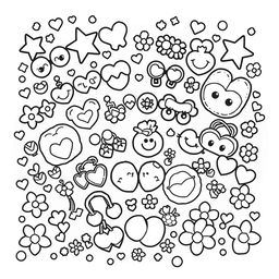 A kawaii-style coloring page featuring an assortment of adorable earrings, including cute studs, dangle earrings, and character-themed designs