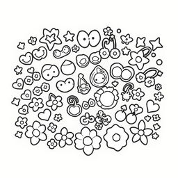 A kawaii-style coloring page featuring an assortment of adorable earrings, including cute studs, dangle earrings, and character-themed designs