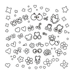 A kawaii-style coloring page featuring an assortment of adorable earrings, including cute studs, dangle earrings, and character-themed designs