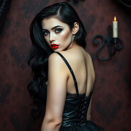 A sexy gothic woman embodying a submissive aesthetic, characterized by her captivating presence