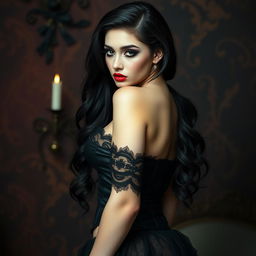 A sexy gothic woman embodying a submissive aesthetic, characterized by her captivating presence