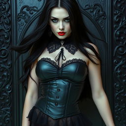 A sexy gothic woman embodying a submissive aesthetic, featuring a collar that enhances her allure