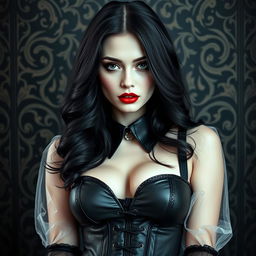 A sexy gothic woman embodying a submissive aesthetic, featuring a prominent collar that signifies her allure