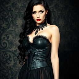 A sexy gothic woman embodying a submissive aesthetic, featuring a prominent collar that signifies her allure