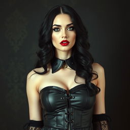 A sexy gothic woman embodying a submissive aesthetic, featuring a prominent collar that signifies her allure