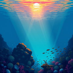 A pixelated underwater scene illuminated by the soft, warm light of the sunset filtering through the water