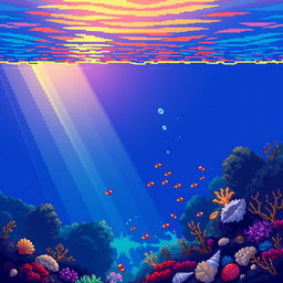 A pixelated underwater scene illuminated by the soft, warm light of the sunset filtering through the water