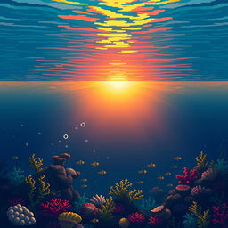 A pixelated underwater scene illuminated by the soft, warm light of the sunset filtering through the water